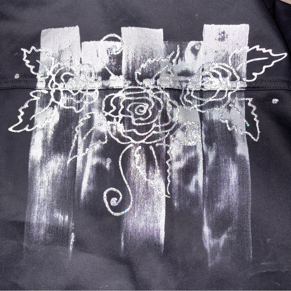Black Cotton Jean Jacket LARGE Hand Painted Roses Paint Shiny Glitter Thin Viva